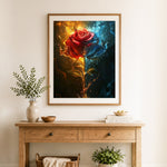 Finished fire and ice rose cross stitch artwork displayed as home decor