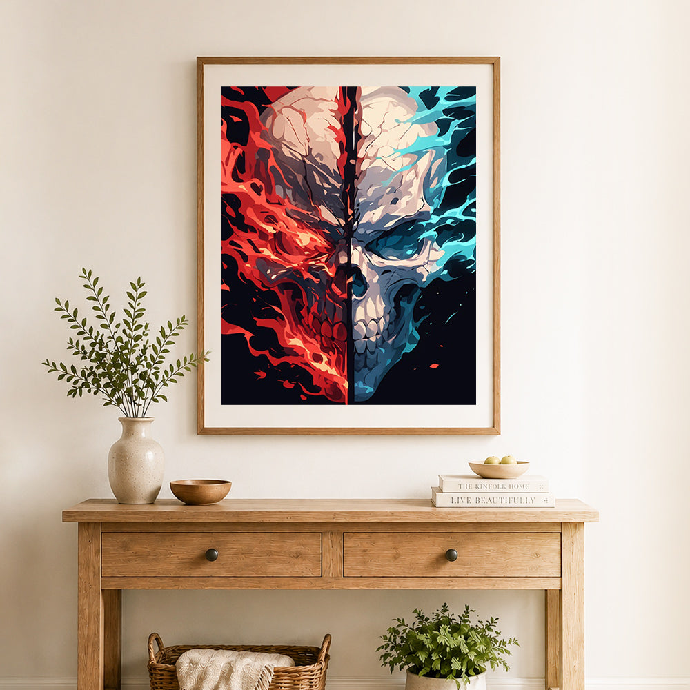 Finished fire and ice skull cross stitch artwork displayed as home decor