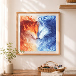 Finished fire and ice wolves cross stitch artwork displayed as home decor