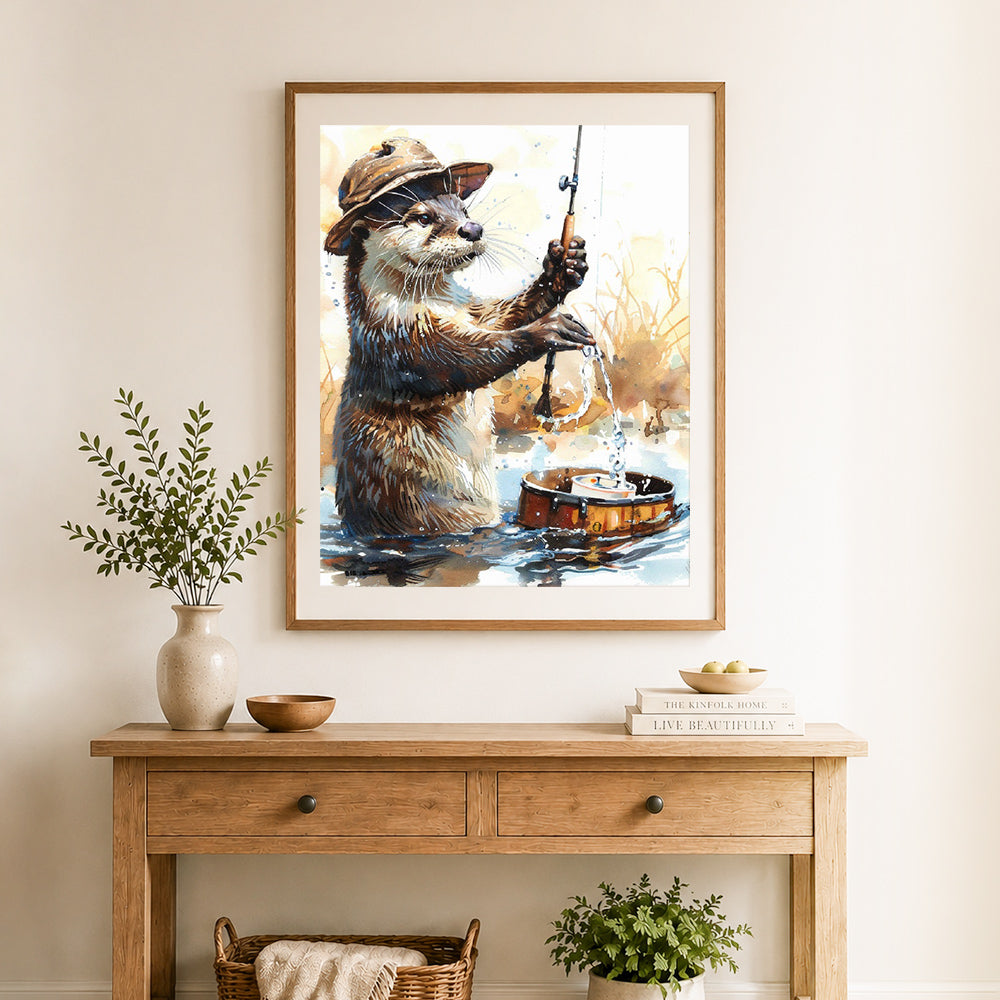 Finished fishing otter watercolor art cross stitch artwork displayed as home decor