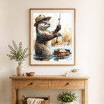 Finished fishing otter watercolor art cross stitch artwork displayed as home decor