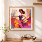 Finished flamenco dancer vibrant painting cross stitch artwork displayed as home decor