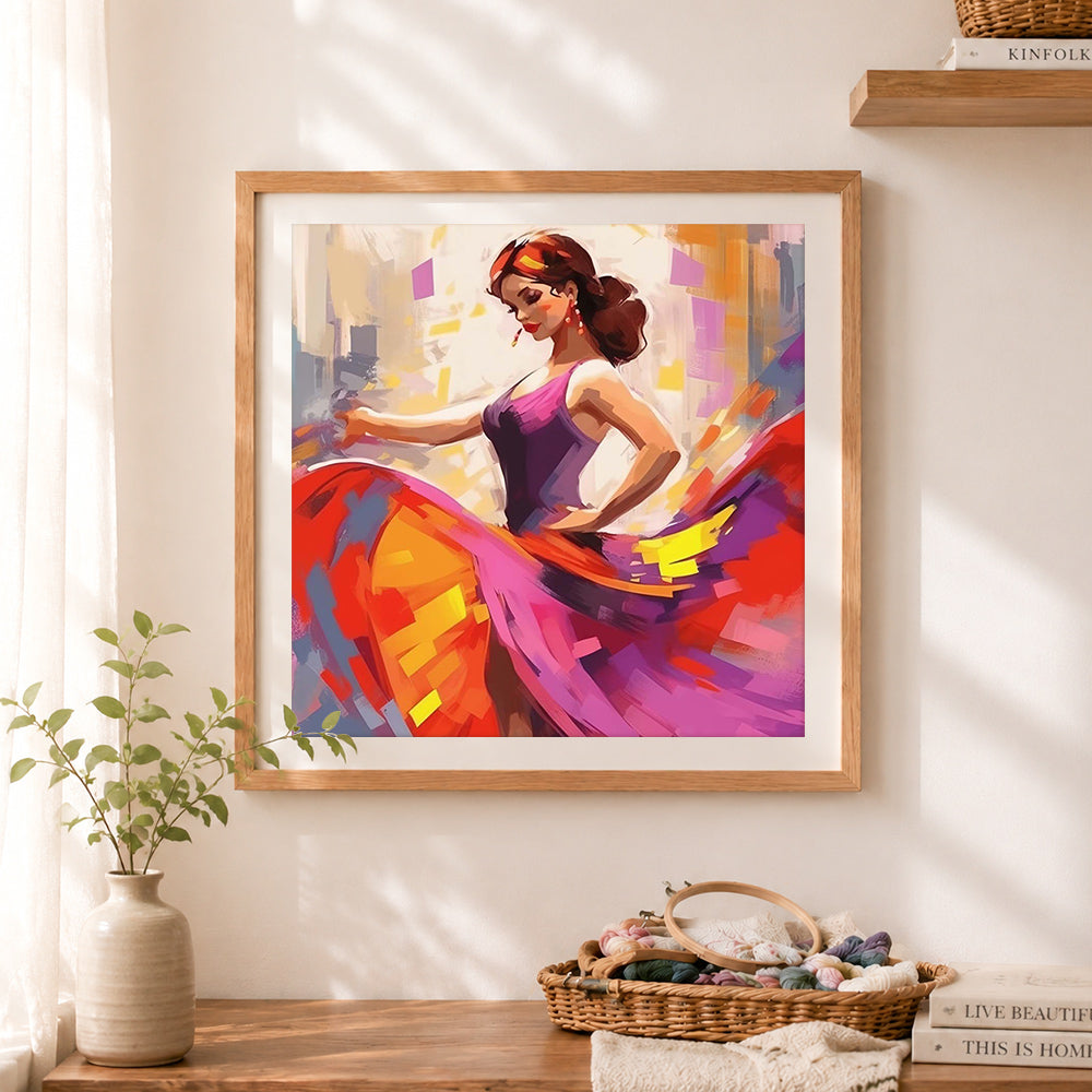 Finished flamenco dancer vibrant painting cross stitch artwork displayed as home decor