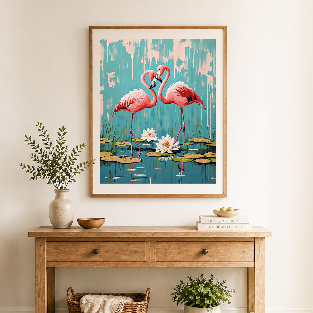 Finished flamingos forming heart shape cross stitch artwork displayed as home decor