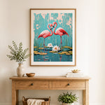 Finished flamingos forming heart shape cross stitch artwork displayed as home decor