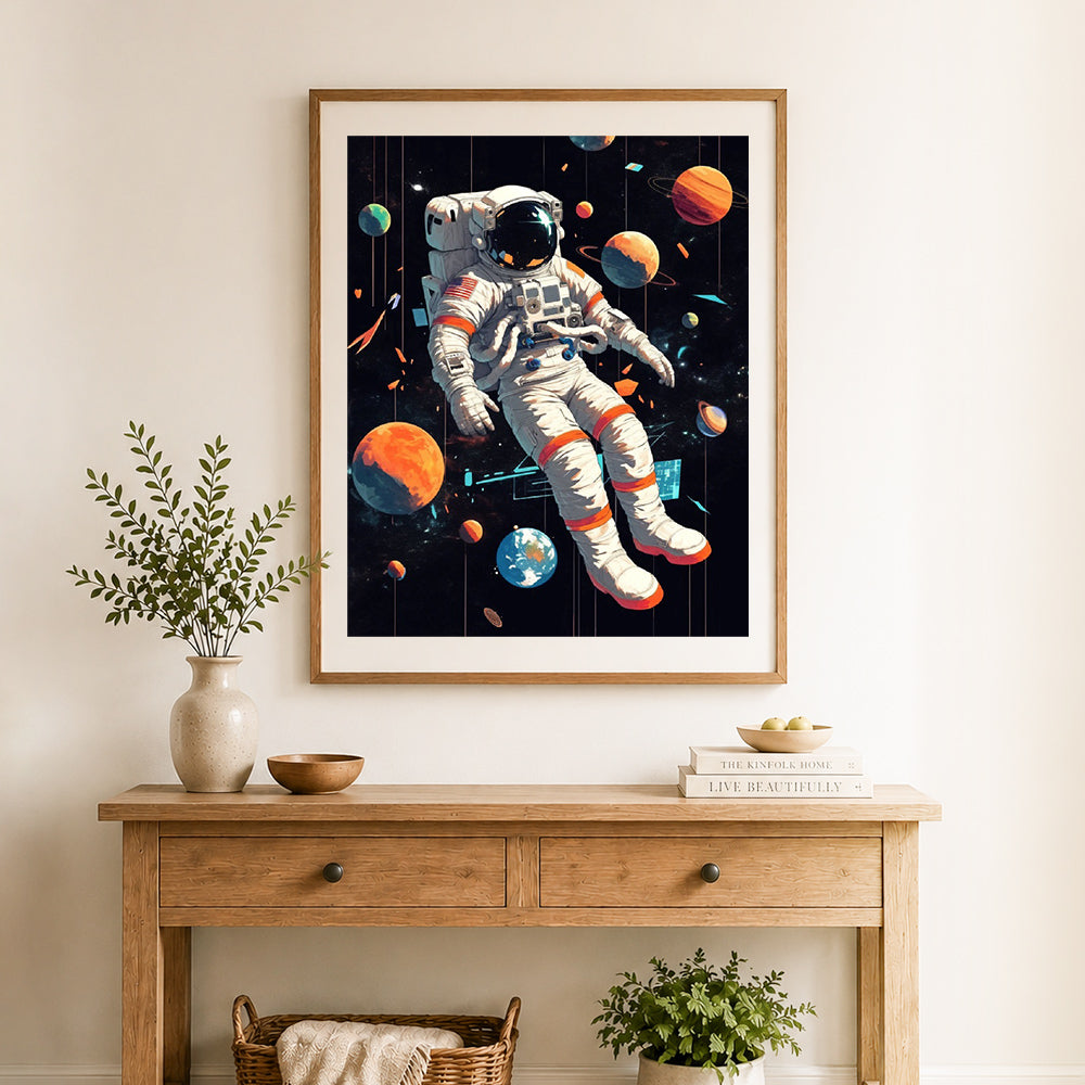 Finished floating among planets cross stitch artwork displayed as home decor