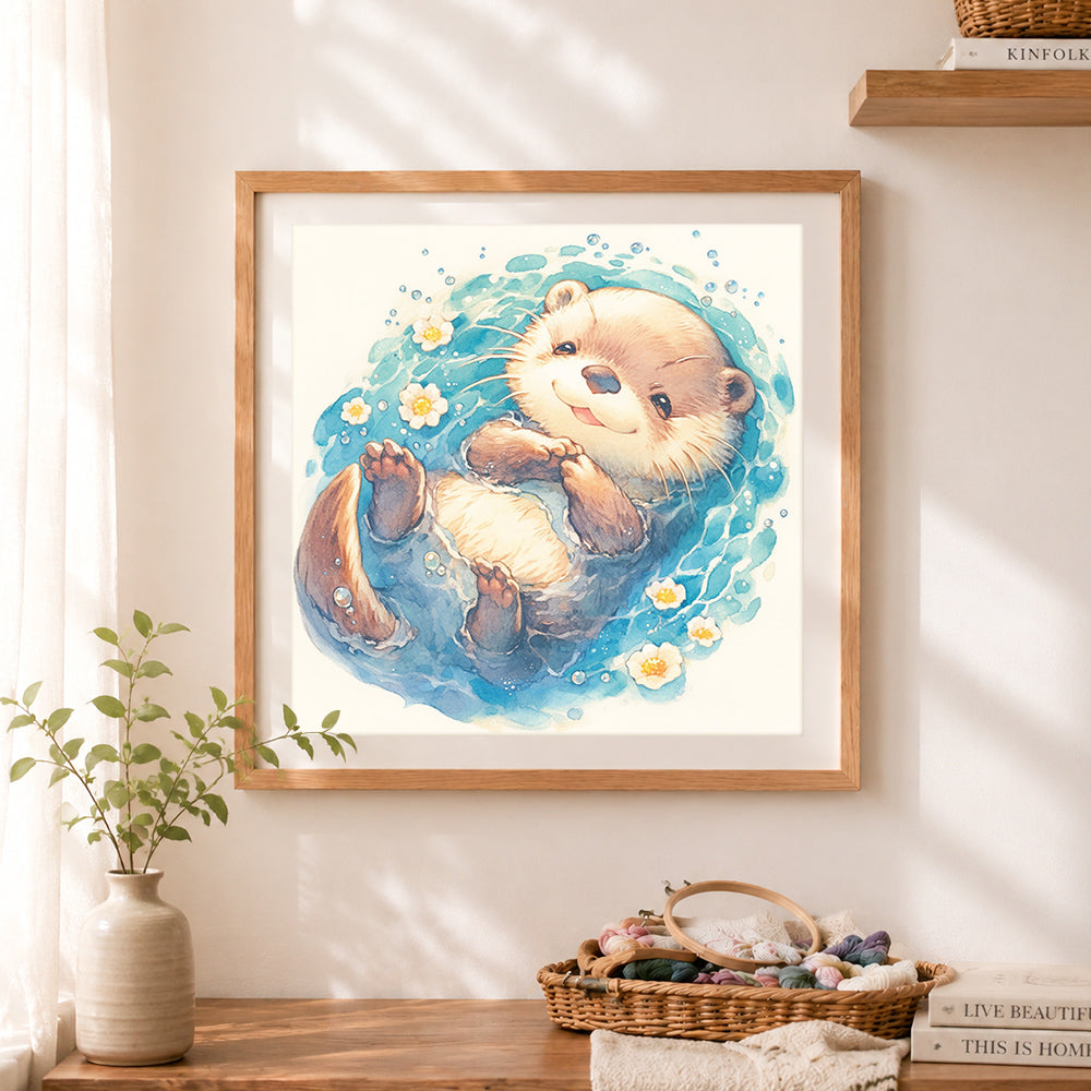 Finished floating happy otter cross stitch artwork displayed as home decor