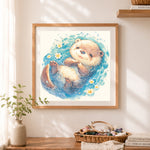 Finished floating happy otter cross stitch artwork displayed as home decor