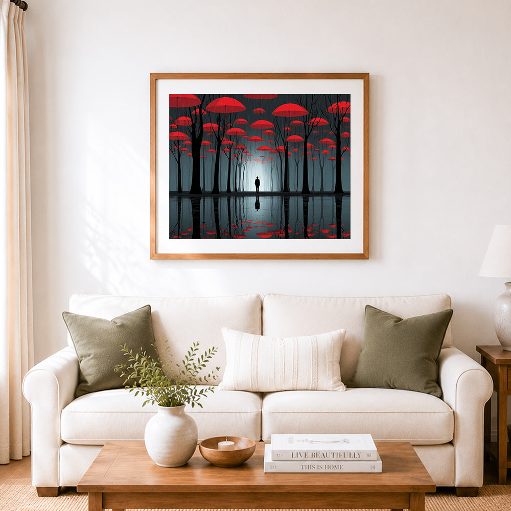 Finished floating red umbrellas in misty woods cross stitch artwork displayed as home decor