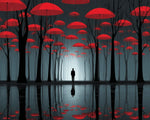 Floating red umbrellas in misty woods cross stitch kit for beginners