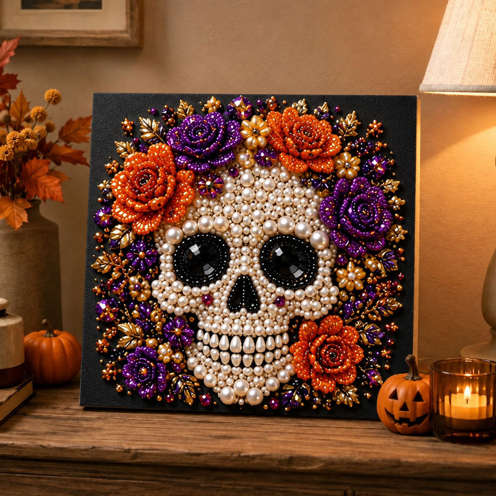 Finished floral pearl skull pearl diamond painting artwork displayed as holiday home decor