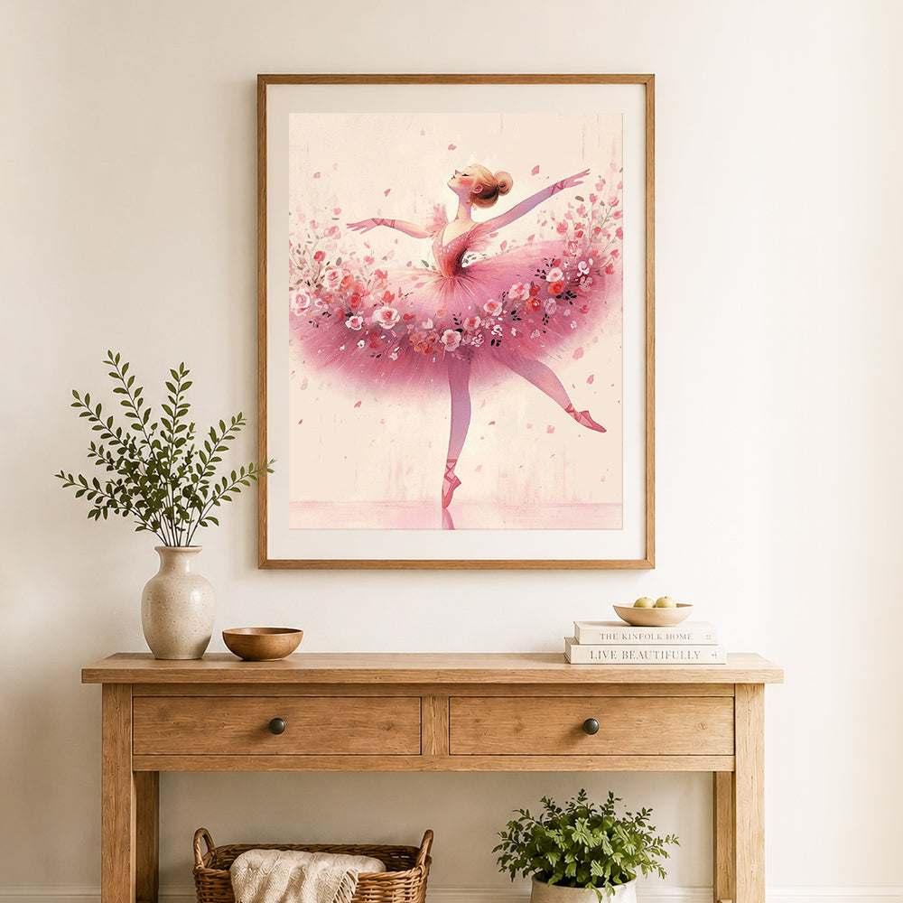 Finished floral ballerina cross stitch artwork displayed as home decor