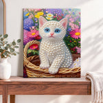 Finished floral basket kitten pearl diamond painting artwork displayed as home decor
