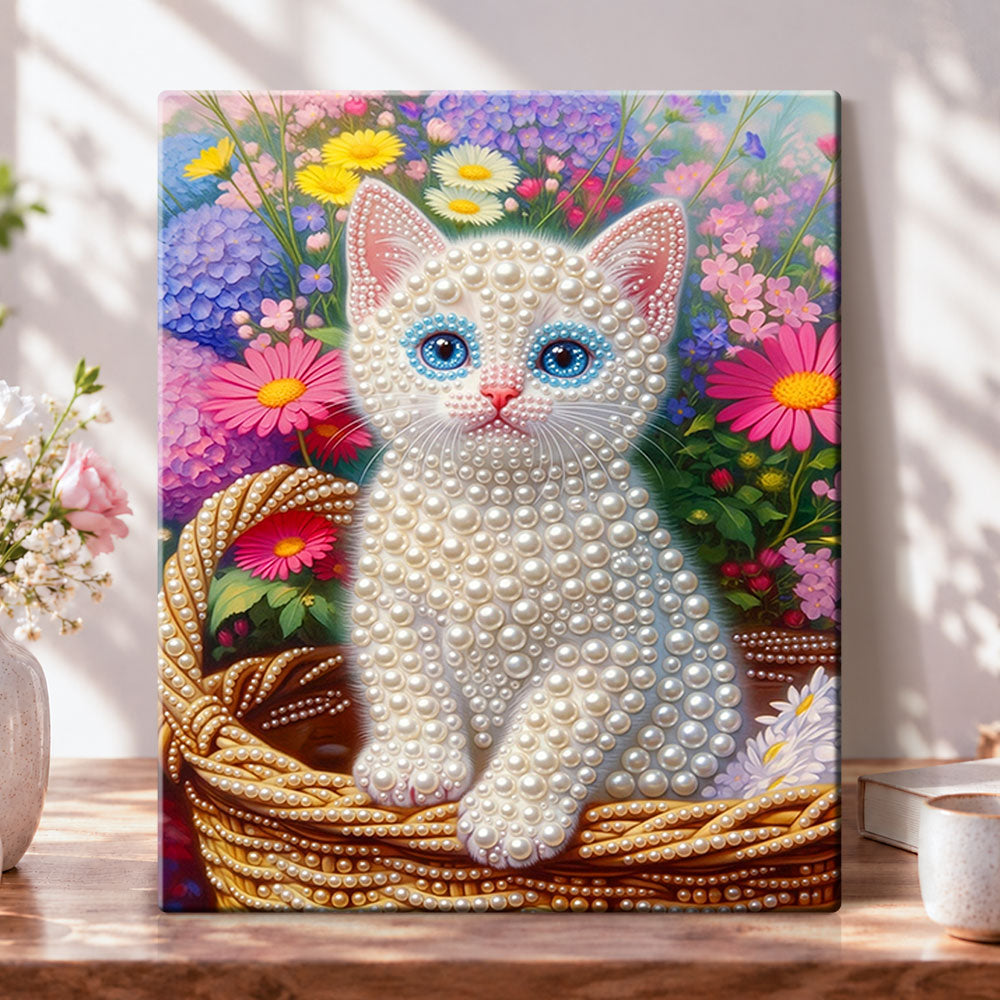 Floral basket kitten pearl diamond painting kit for beginners