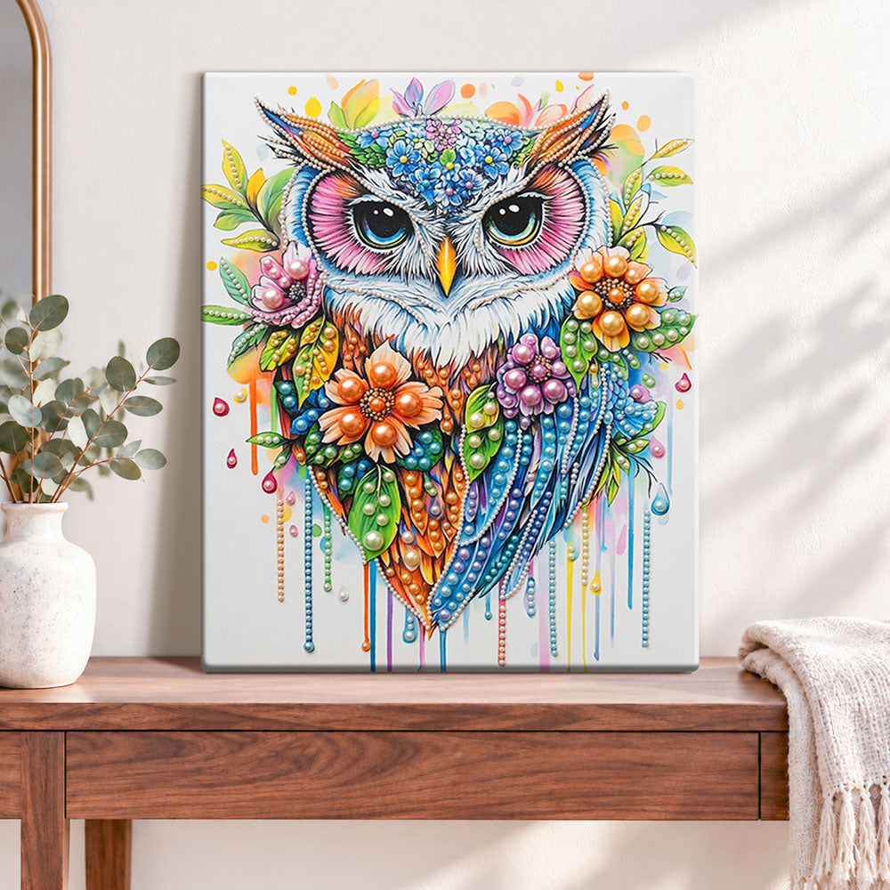 Finished floral beaded owl pearl diamond painting artwork displayed as home decor