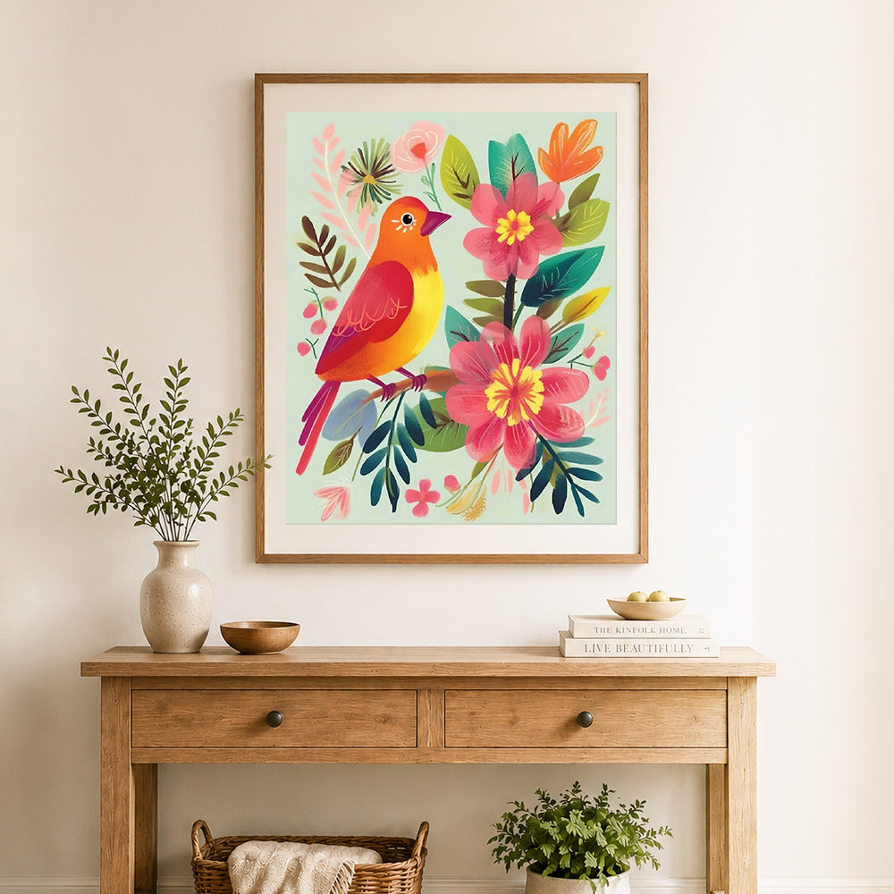 Finished floral bird art cross stitch artwork displayed as home decor