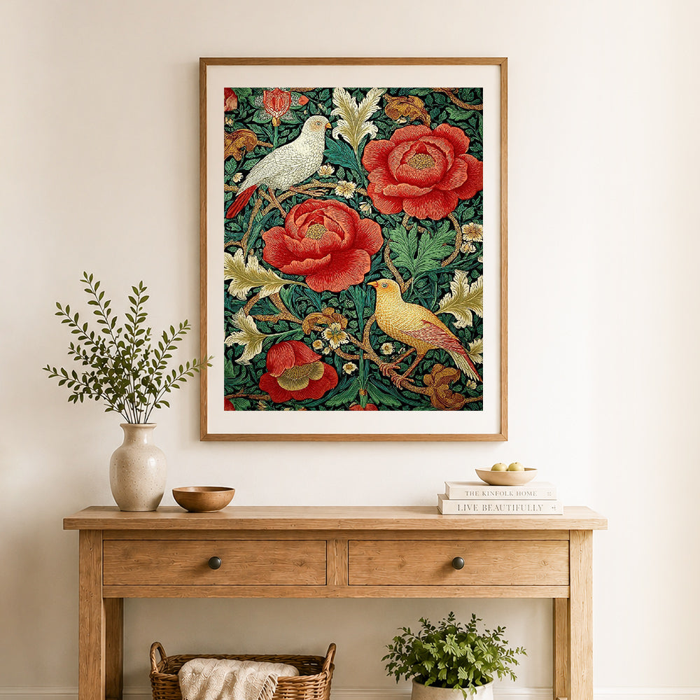 Finished floral bird tapestry cross stitch artwork displayed as home decor