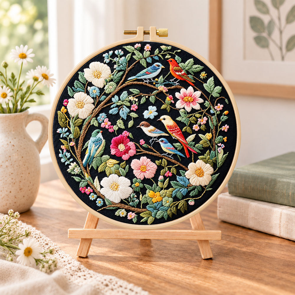 Floral birds on branches embroidery kit finished hoop displayed on a wooden stand as cozy tabletop decor