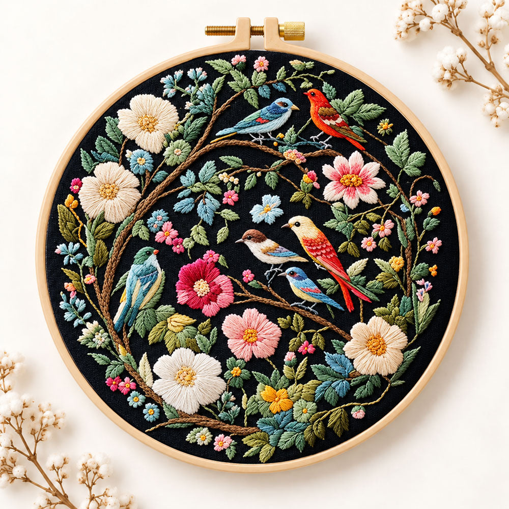 Floral birds on branches embroidery kit