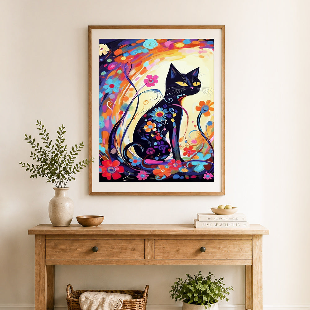 Finished floral black cat art cross stitch artwork displayed as home decor