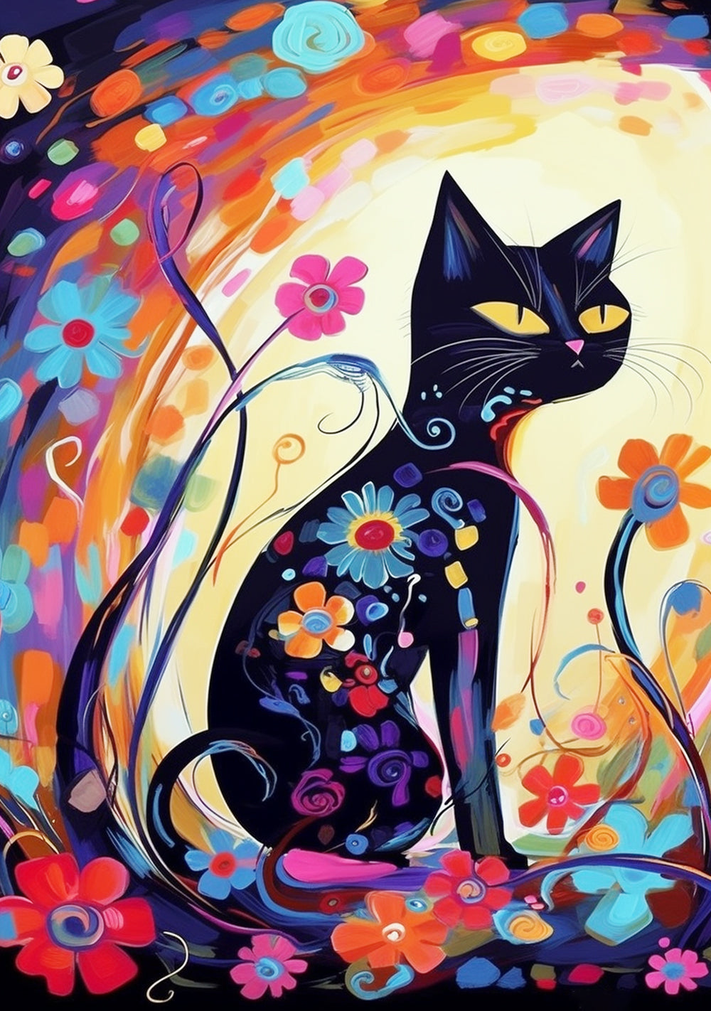 Floral black cat art cross stitch kit for beginners