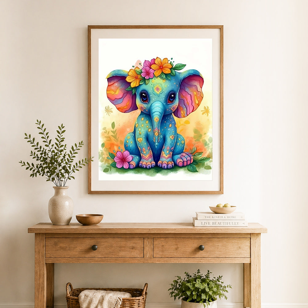 Finished floral boho elephant cross stitch artwork displayed as home decor