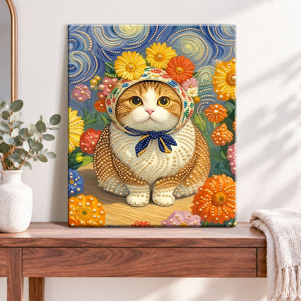 Finished floral bonnet kitty pearl diamond painting artwork displayed as home decor