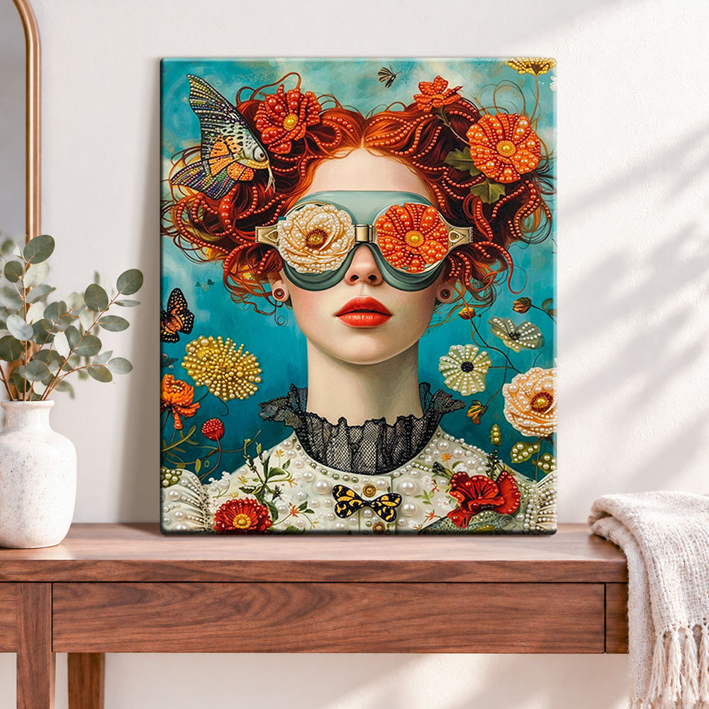 Finished floral butterfly muse pearl diamond painting artwork displayed as home decor