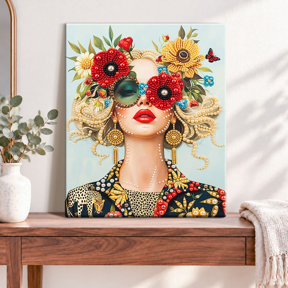 Finished floral chic lady pearl diamond painting artwork displayed as home decor