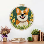 Finished floral corgi artwork displayed on a wall