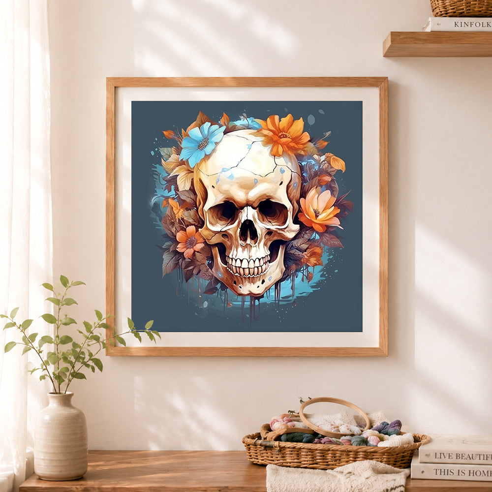 Finished floral cracks skull art cross stitch artwork displayed as home decor