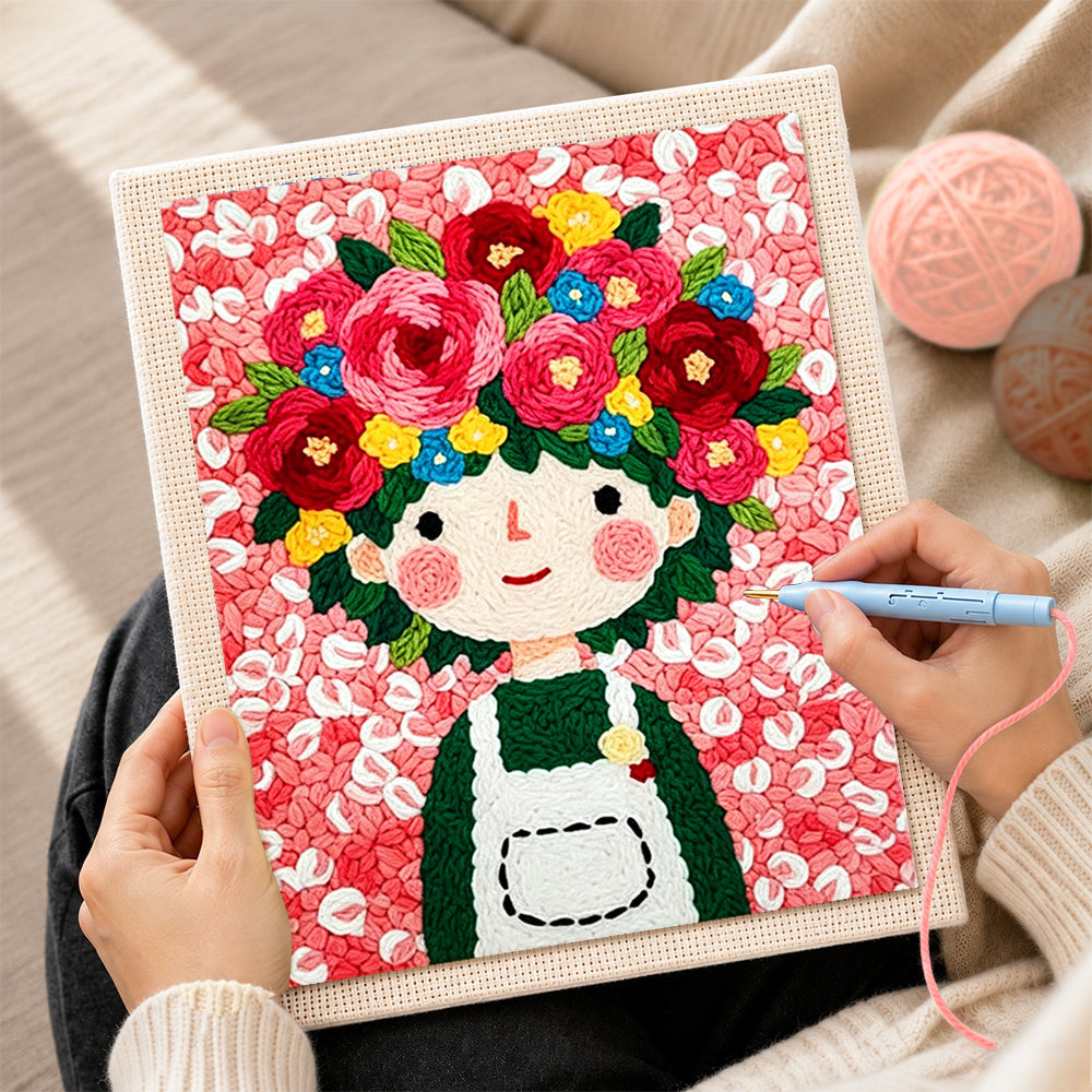 Creating handmade floral crown girl and pink flowers punch needle artwork