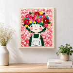 Finished floral crown girl and pink flowers artwork displayed on a wall