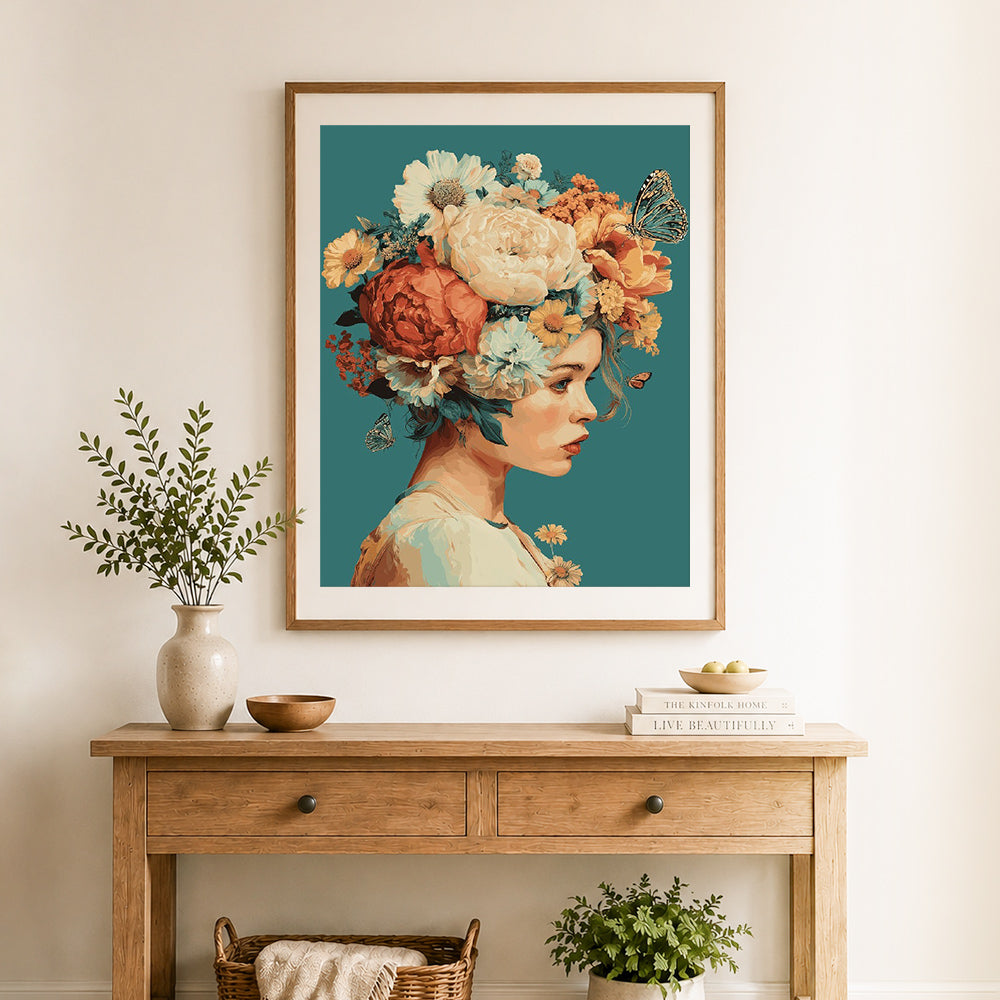 Finished floral crown lady cross stitch artwork displayed as home decor