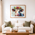 Finished floral crown sweet cow portrait cross stitch artwork displayed as home decor