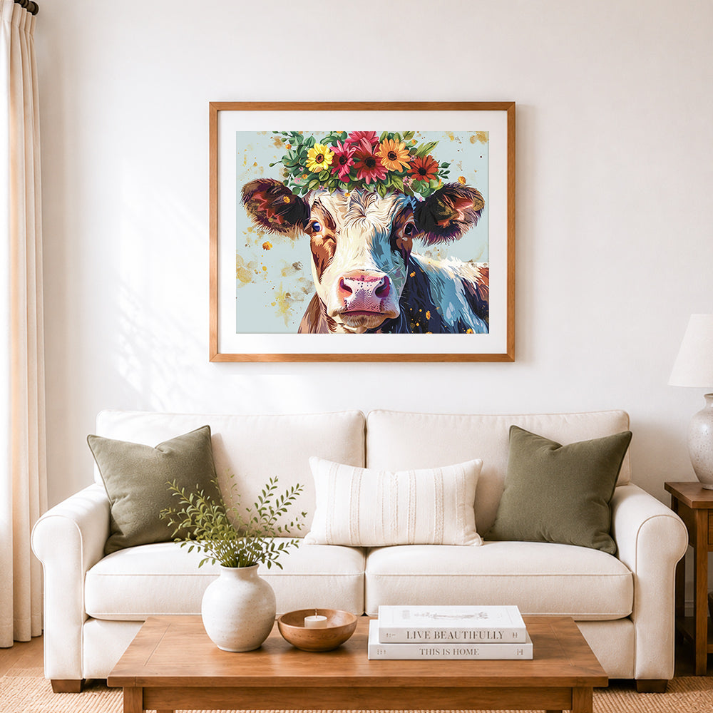 Finished floral crown sweet cow portrait cross stitch artwork displayed as home decor