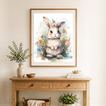 Finished floral crown watercolor rabbit cross stitch artwork displayed as home decor