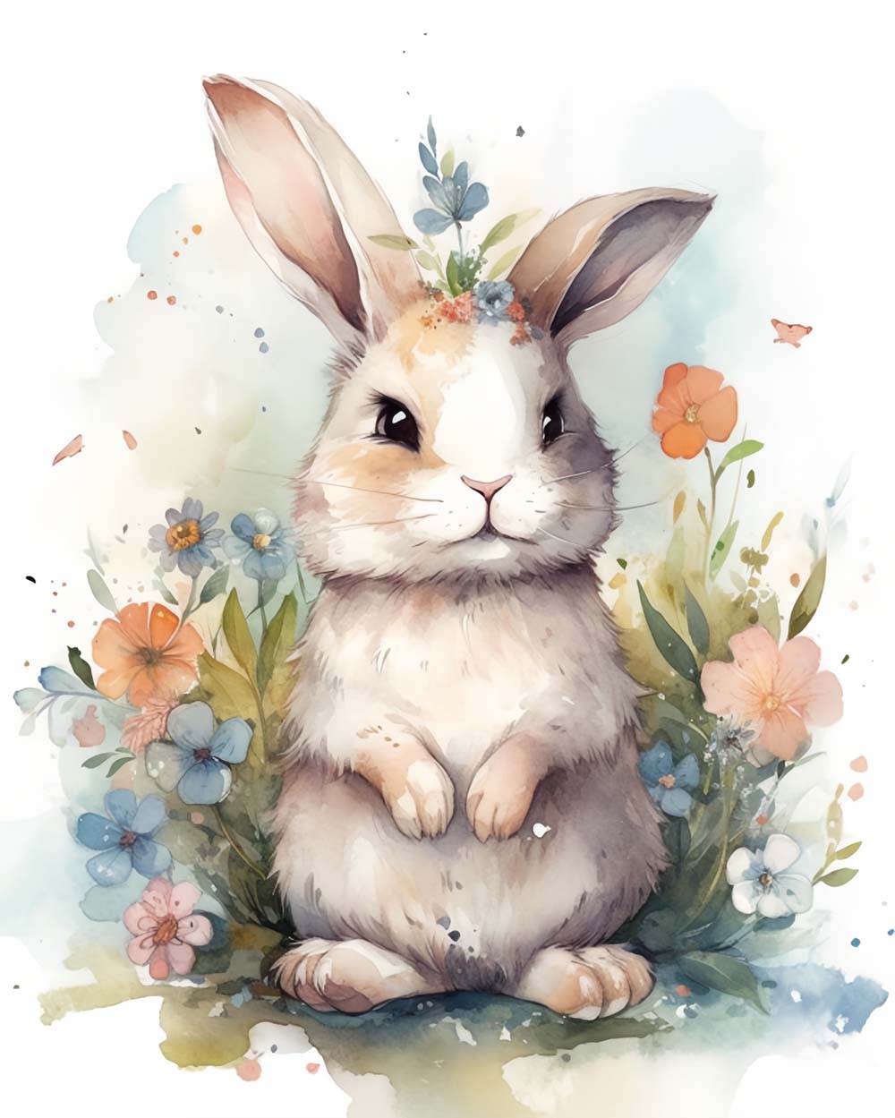 Floral crown watercolor rabbit cross stitch kit for beginners