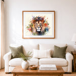 Finished floral crowned lion cross stitch artwork displayed as home decor