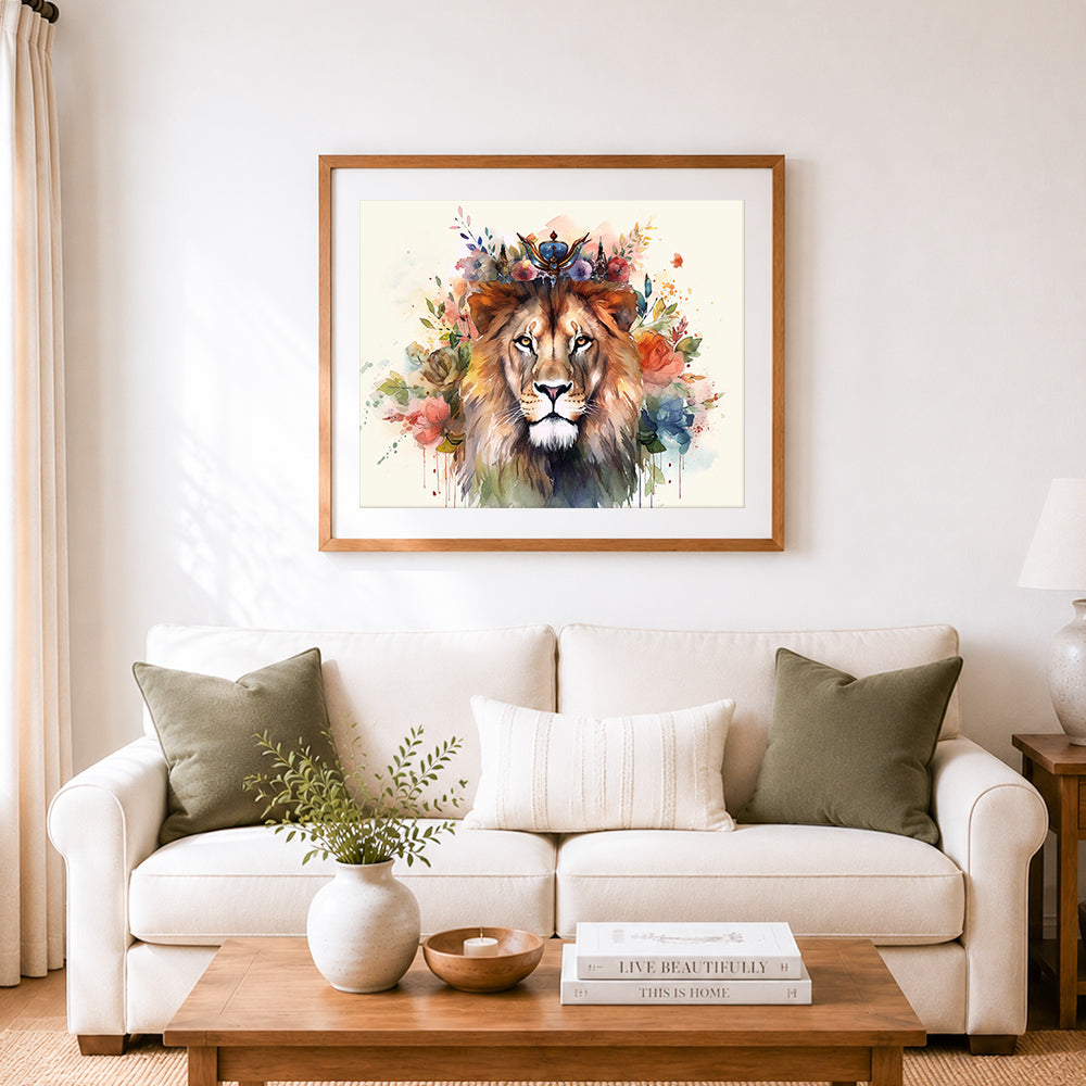 Finished floral crowned lion cross stitch artwork displayed as home decor