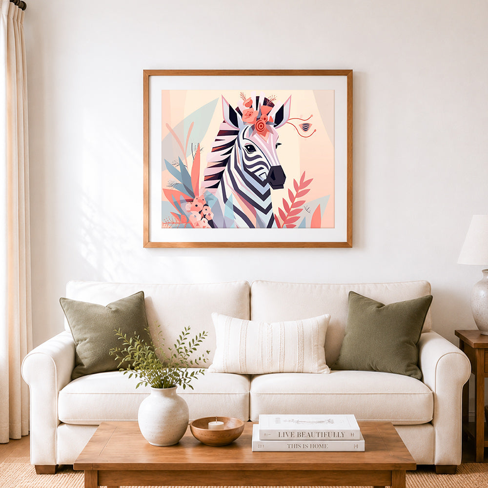 Finished floral decorated geometric zebra cross stitch artwork displayed as home decor