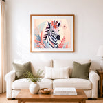 Finished floral decorated geometric zebra cross stitch artwork displayed as home decor