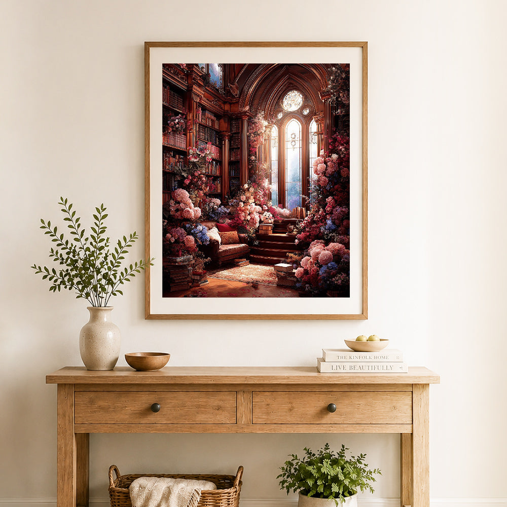 Finished floral dream bookroom cross stitch artwork displayed as home decor