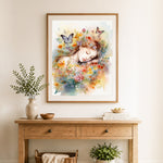 Finished floral dream portrait cross stitch artwork displayed as home decor