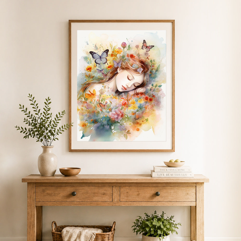 Finished floral dream portrait cross stitch artwork displayed as home decor