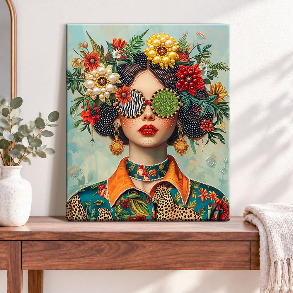 Finished floral fashion muse pearl diamond painting artwork displayed as home decor