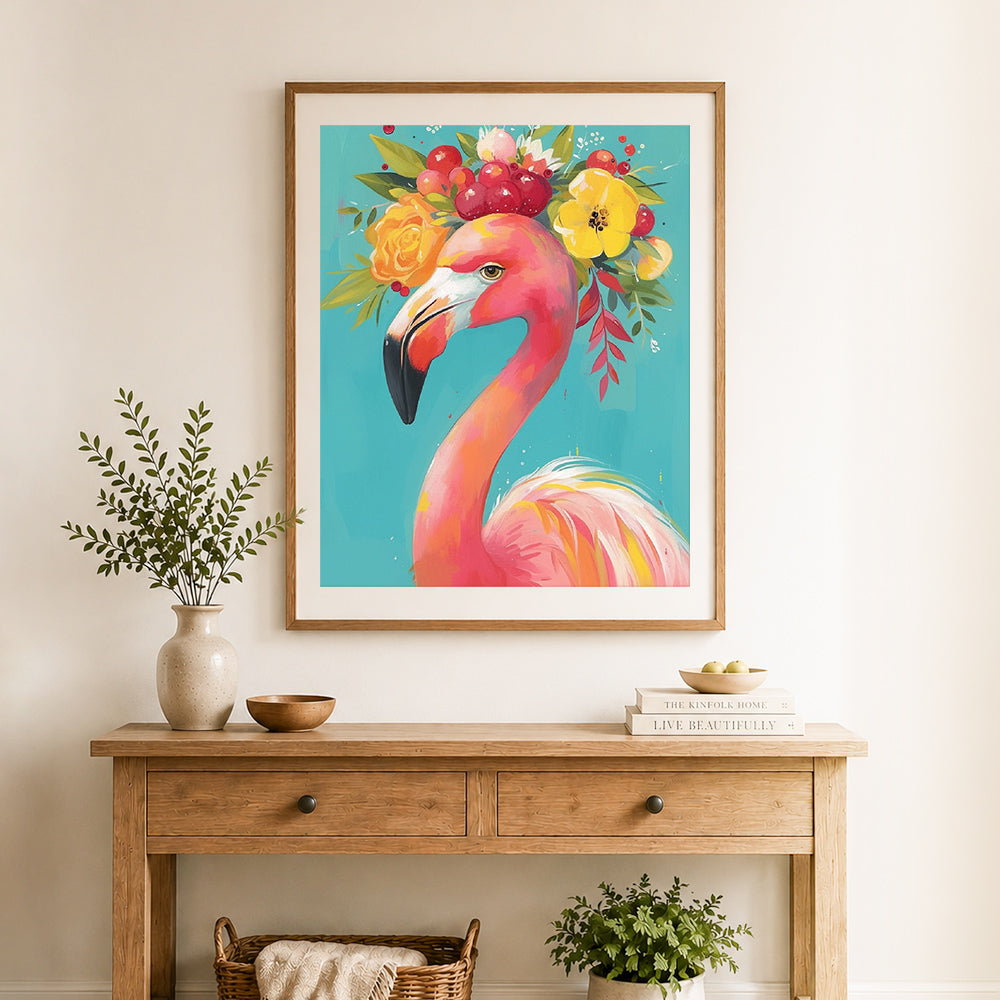 Finished floral flamingo portrait cross stitch artwork displayed as home decor