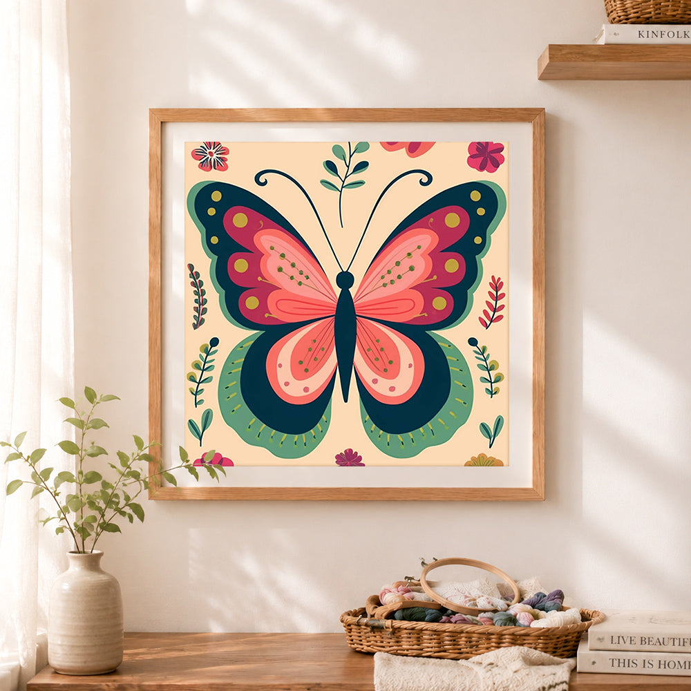 Finished floral folk‑style butterfly cross stitch artwork displayed as home decor