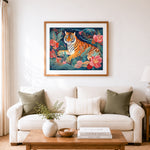 Finished floral garden tiger cross stitch artwork displayed as home decor