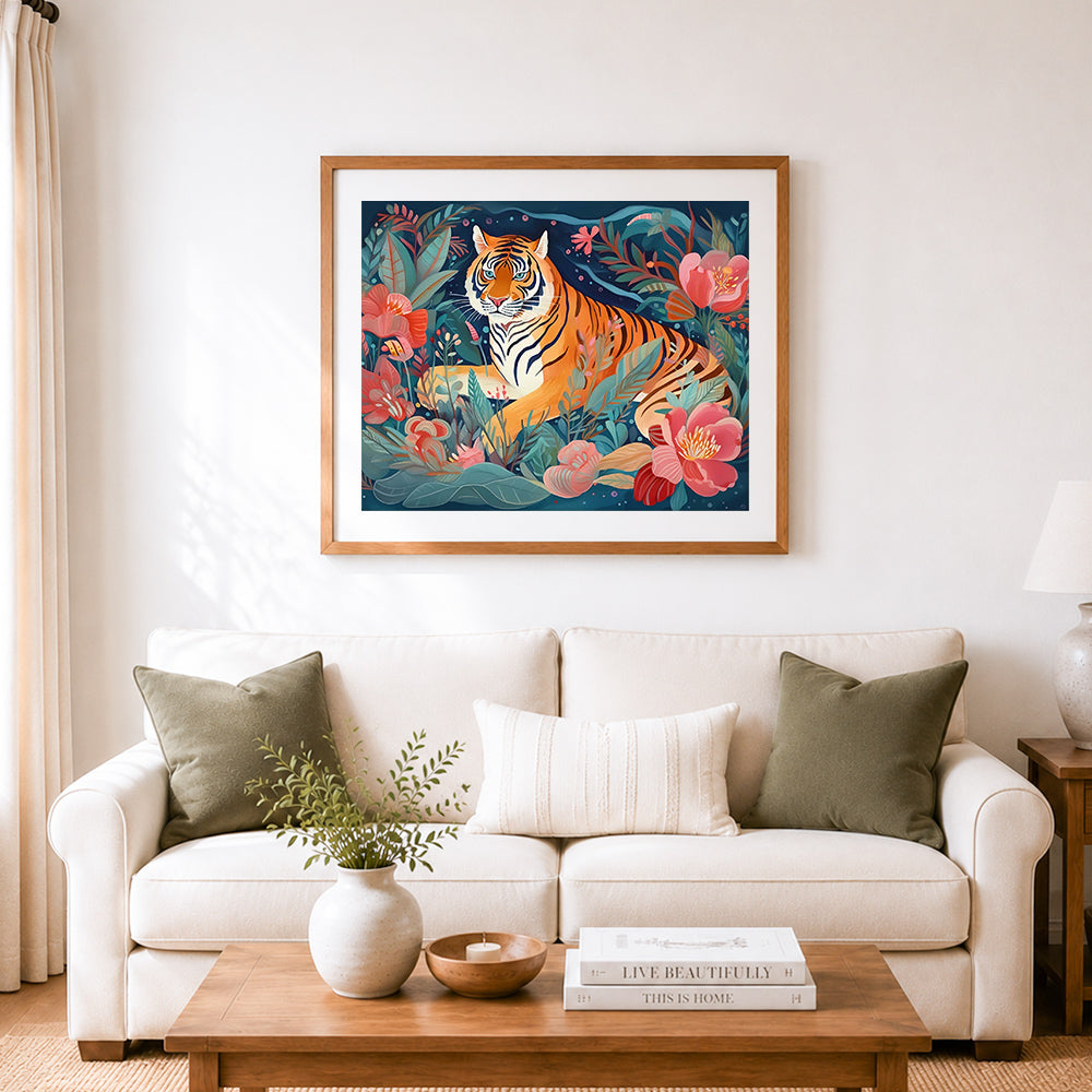Finished floral garden tiger cross stitch artwork displayed as home decor